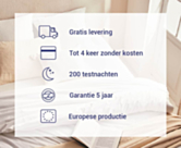 Voordelen van de Sensospring Oli-matras: gratis levering, 4 termijnen zonder extra kosten, 200 proefnachten, 5 jaar garantie, Europese productie