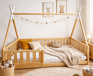 Houten tipi-kinderbed van natuurlijk hout met veiligheidshekken, voor een gezellige kinderkamer